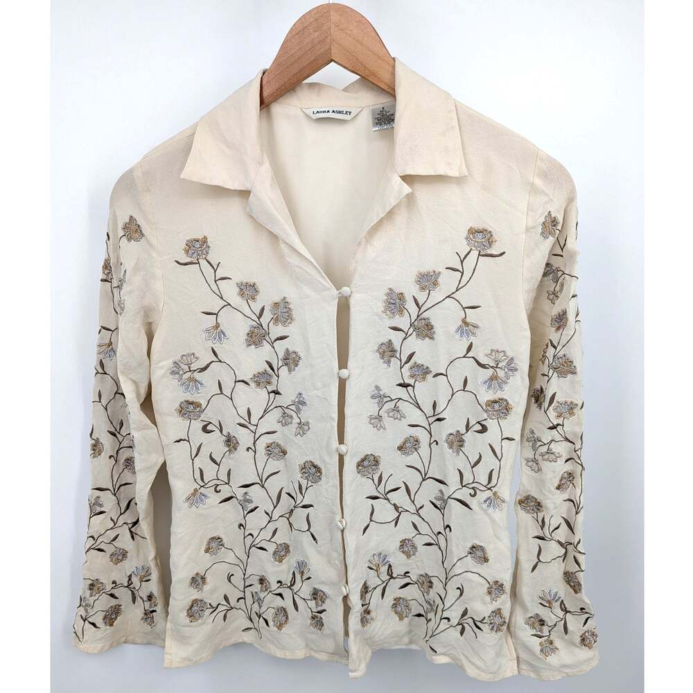 Laura Ashley 100% Silk Embroidered Floral Blouse Beige Sheer Romantic Size 4